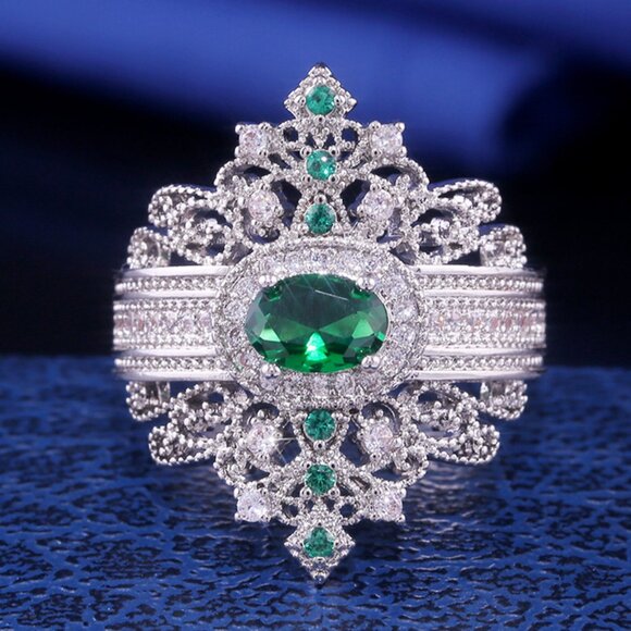 Vintage Emerald Green Oval Zircon Anillo Luxury Silver Ring for Women, VIP401 - Picture 1 of 8